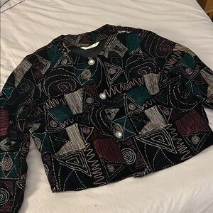 Geometric Patterned Women's Jacket with Jewel Buttons